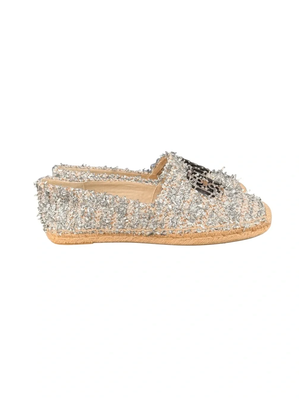 Tory Burch Cream and Silver Tweed Espadrilles with Logo, NWOT